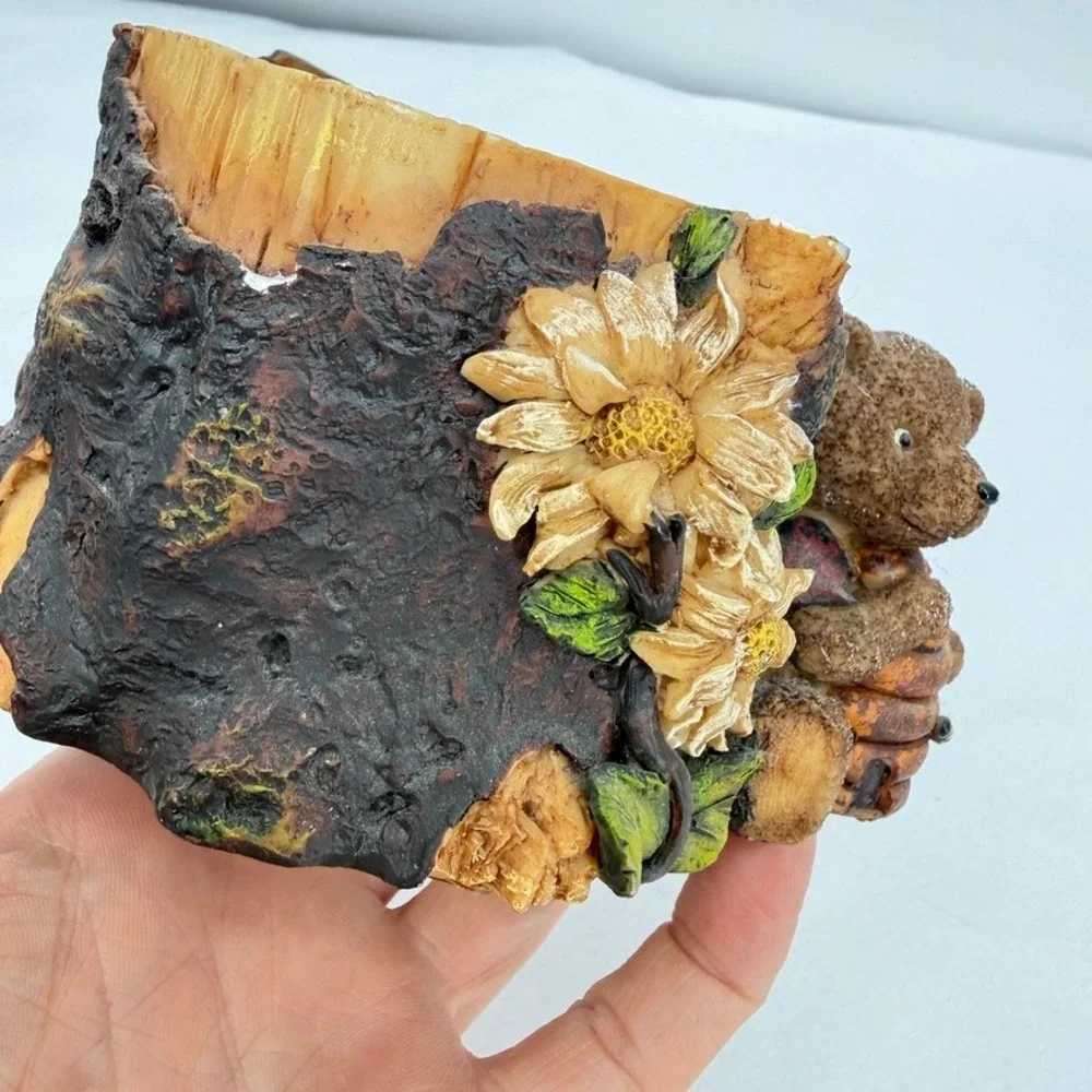 Bear Figurine Tree Stump Planter Pot Candle Holder Beehive Rustic Decor Cutecore